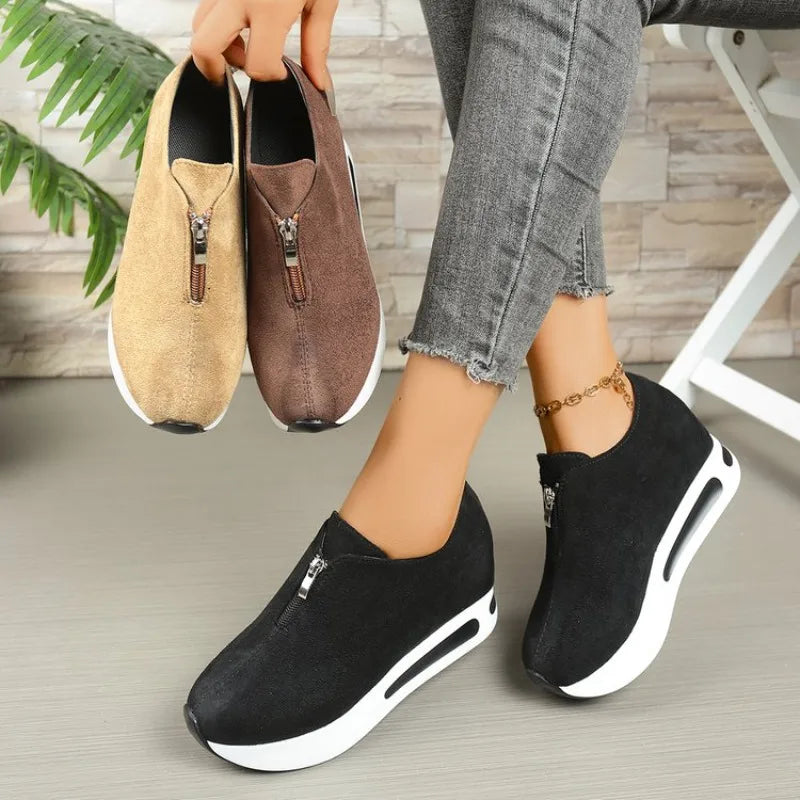 Side view of women's comfortable platform shoes, showcasing the trendy thick sole