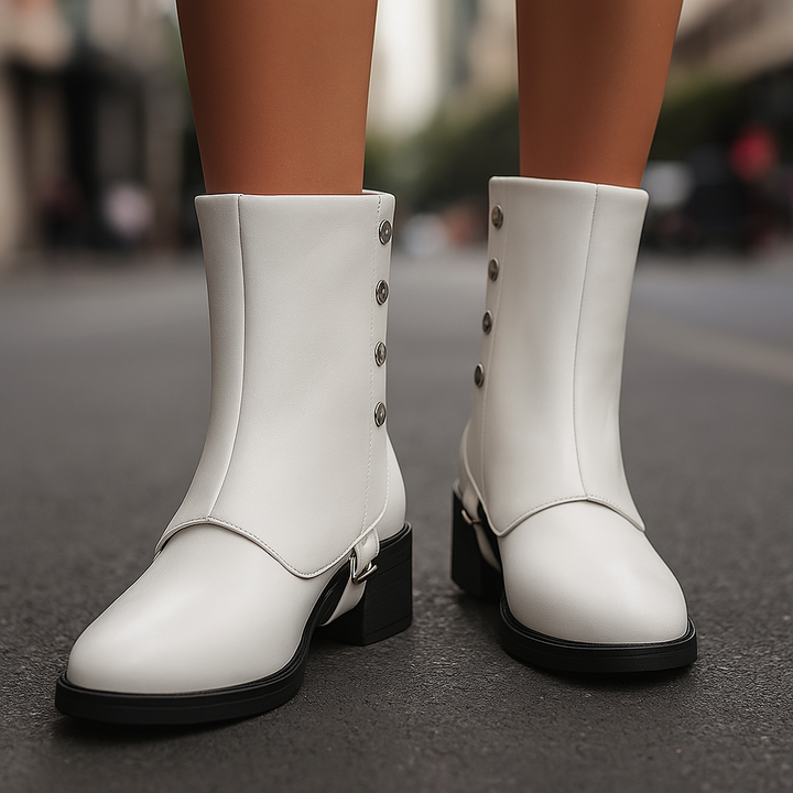 Close-up of a women's comfortable vegan leather ankle boot, showcasing texture and block heel detail.