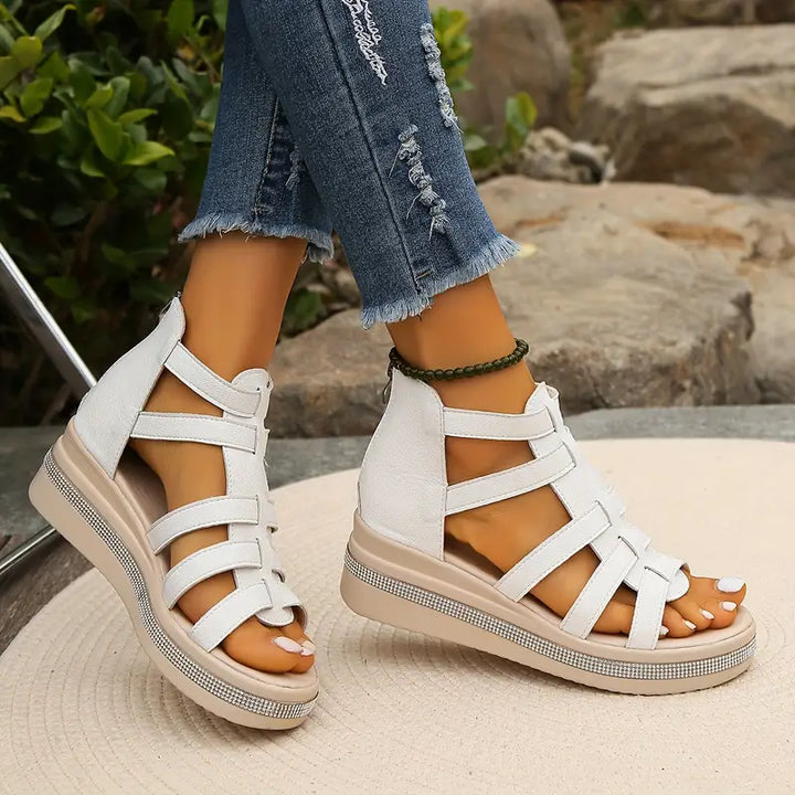 Back view of women's comfortable wedge sandals, showing a sleek silhouette for daily style.