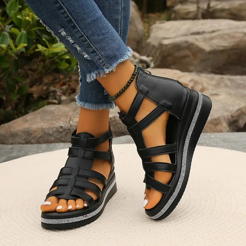 Elegant beige women's wedge sandals, ideal comfortable summer footwear for daily wear.