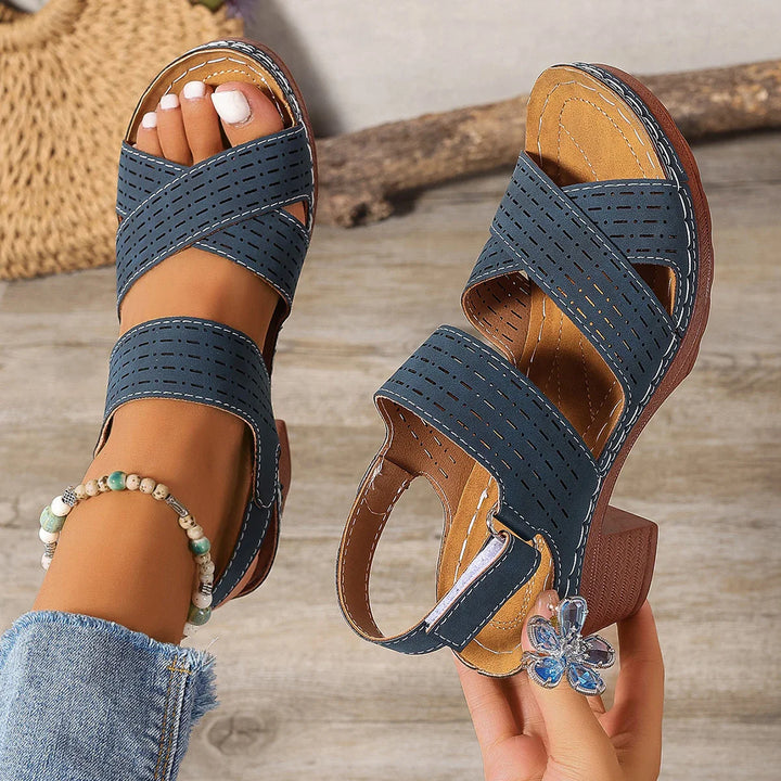 Women's comfortable block heel sandals with crisscross straps, perfect for summer casual wear