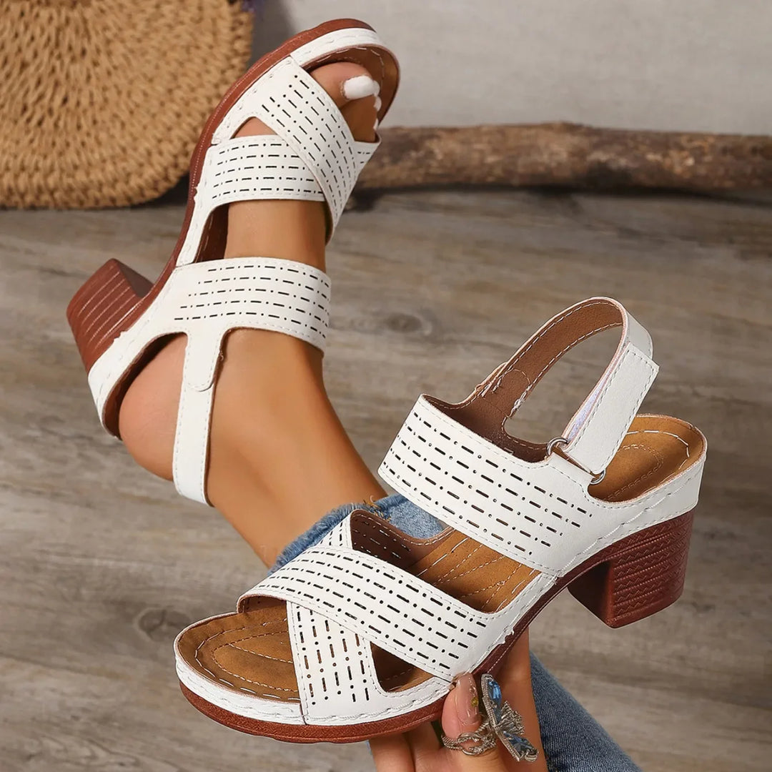 Pair of women's casual block heel sandals, ideal for summer, with chic crisscross detailing