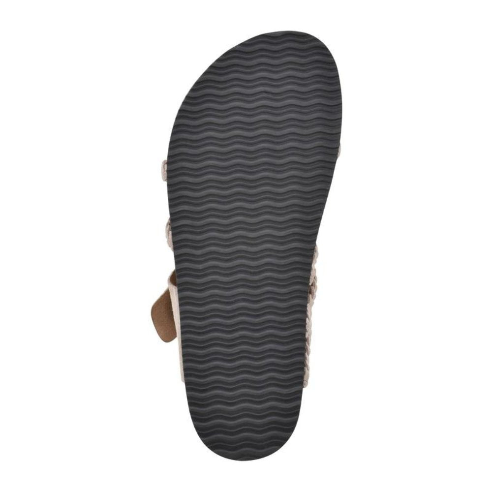 Women's slip-on braided sandals featuring an adjustable buckle, flat sole, and arch support for comfort.