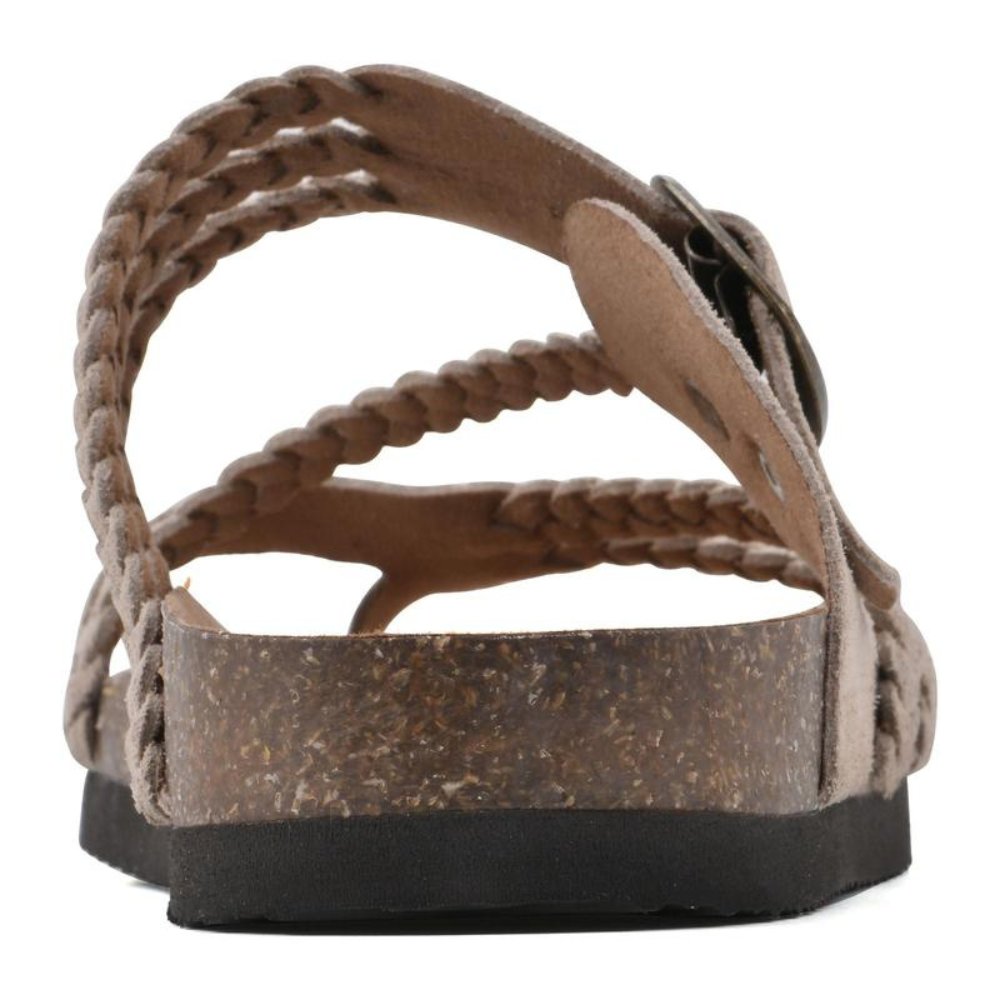 Elegant women's braided flat sandals, offering excellent arch support and a comfortable slip-on fit.