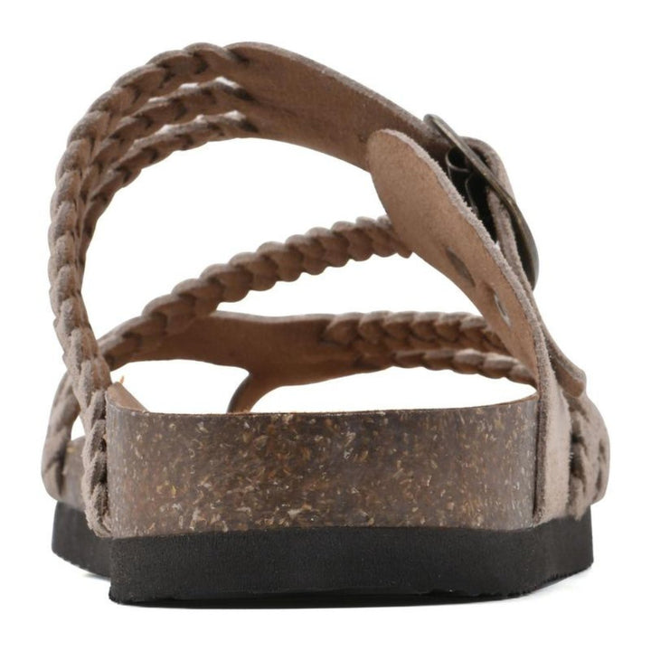 Elegant women's braided flat sandals, offering excellent arch support and a comfortable slip-on fit.