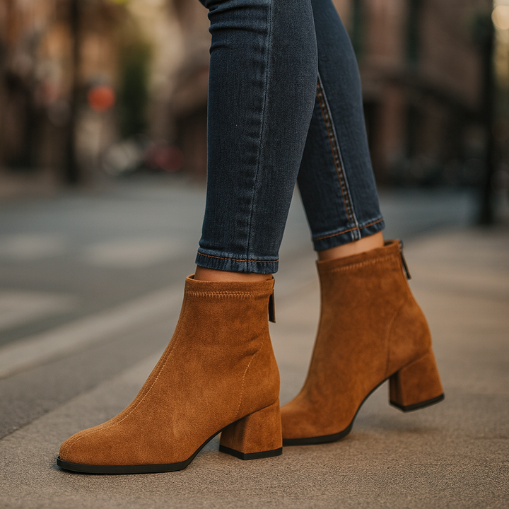 Women's comfortable brown suede-like block heel ankle boots, perfect for winter and everyday wear.