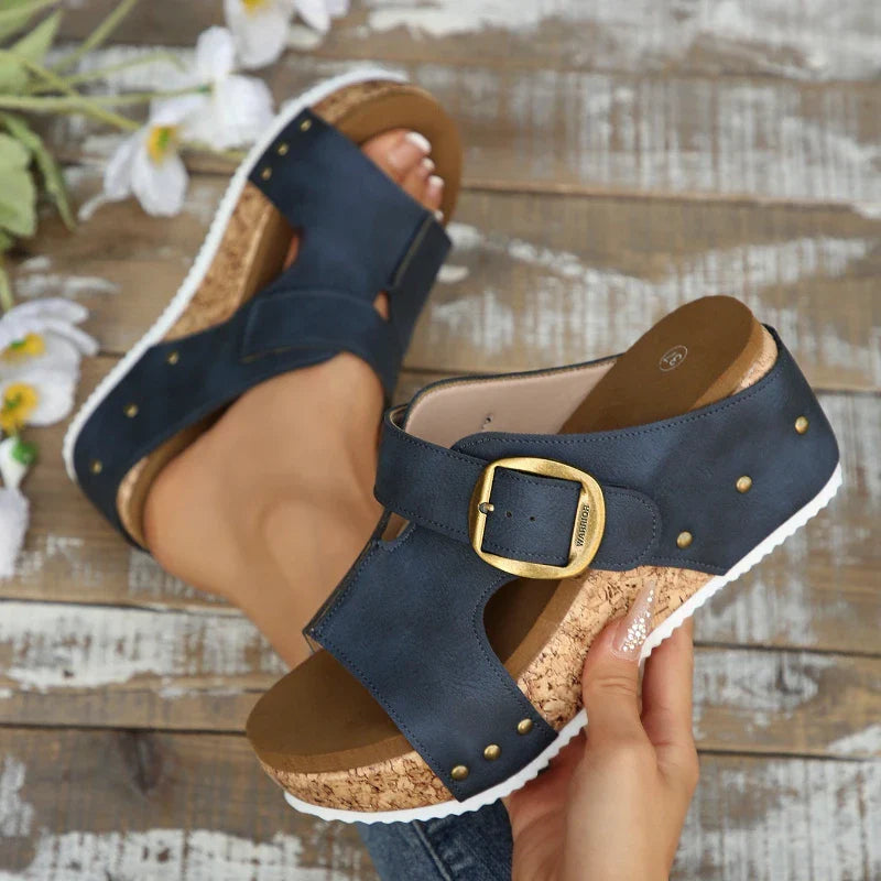 Women's comfortable cork platform buckle slides with orthopedic support, ideal for summer casual wear