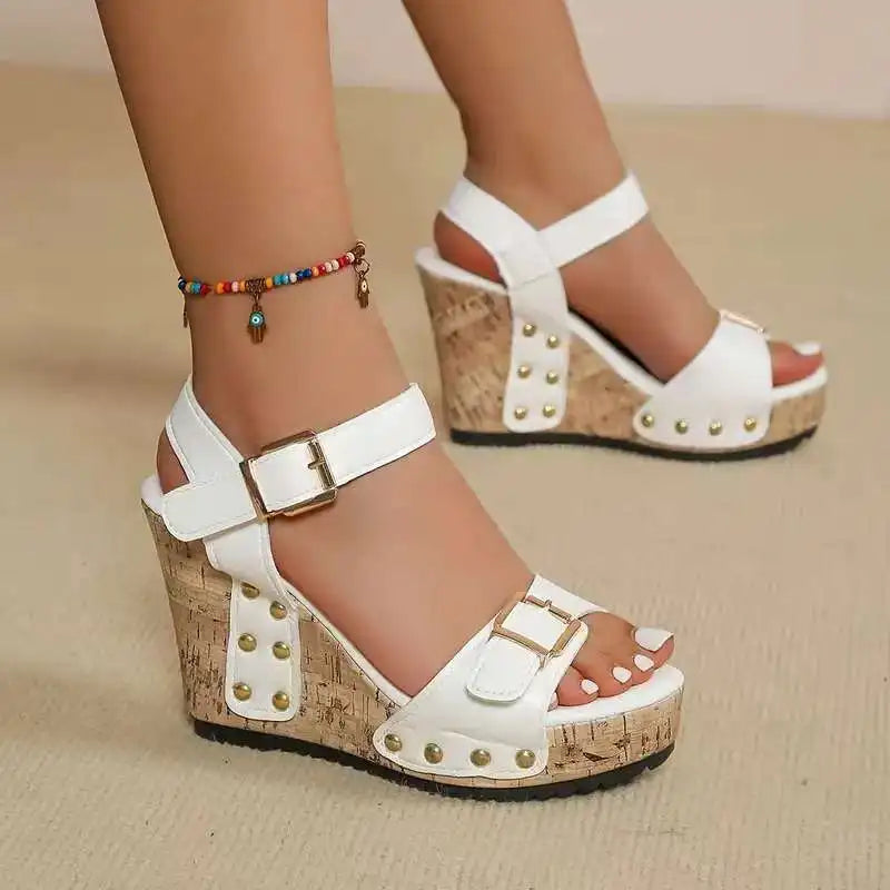Women's cork wedge sandals in a stylish neutral color, designed for all-day comfort and support