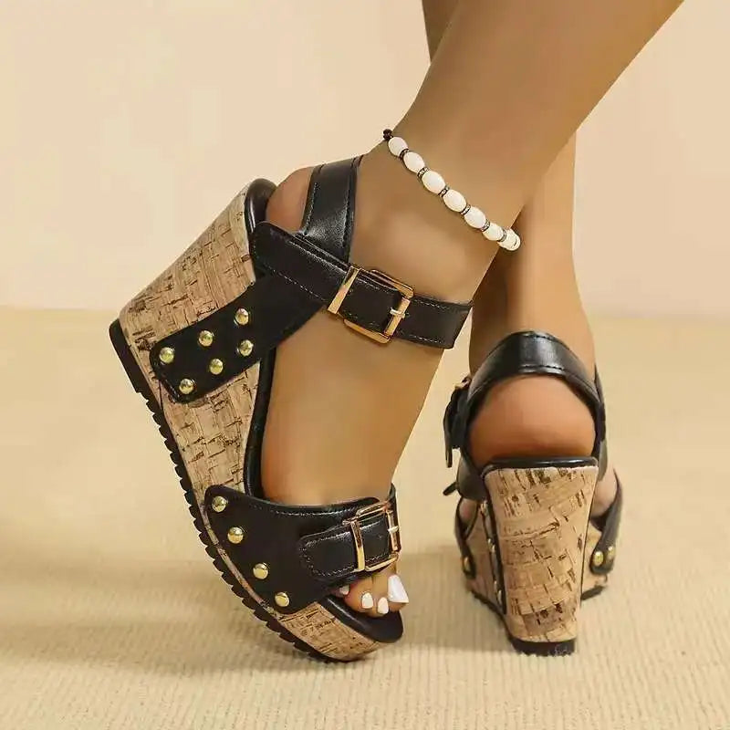 Back angle of women's orthopedic wedge sandals, highlighting the comfortable cork platform