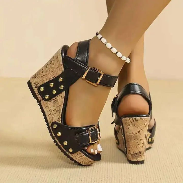 Back angle of women's orthopedic wedge sandals, highlighting the comfortable cork platform