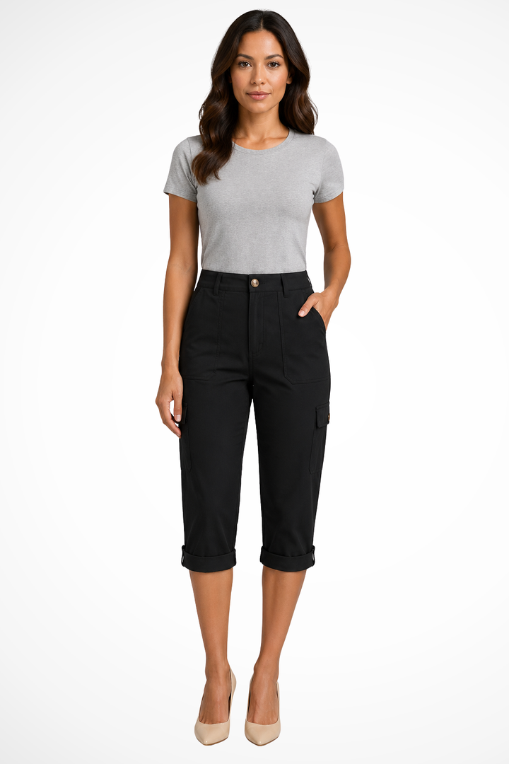 Women's comfortable cropped cargo pants, relaxed fit, perfect for casual wear & travel. Front view.