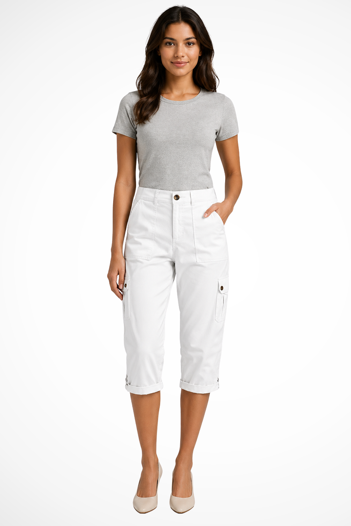 Women's utility cropped cargo pants featuring functional side & back pockets, ideal for everyday wear.