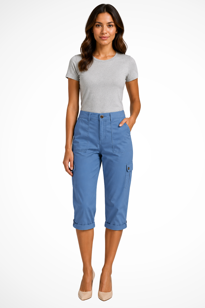 Side view of women's relaxed fit cropped cargo pants, showing utility pockets & comfortable design.