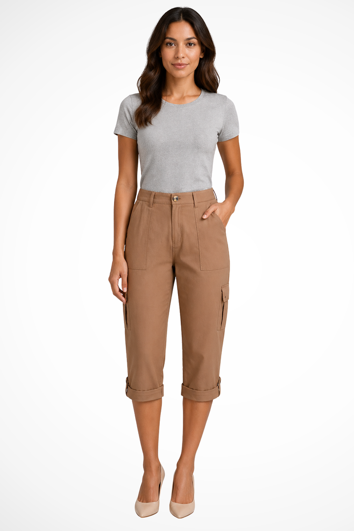 Back view of women's comfortable cargo pants, cropped length with rear patch pockets for everyday use.
