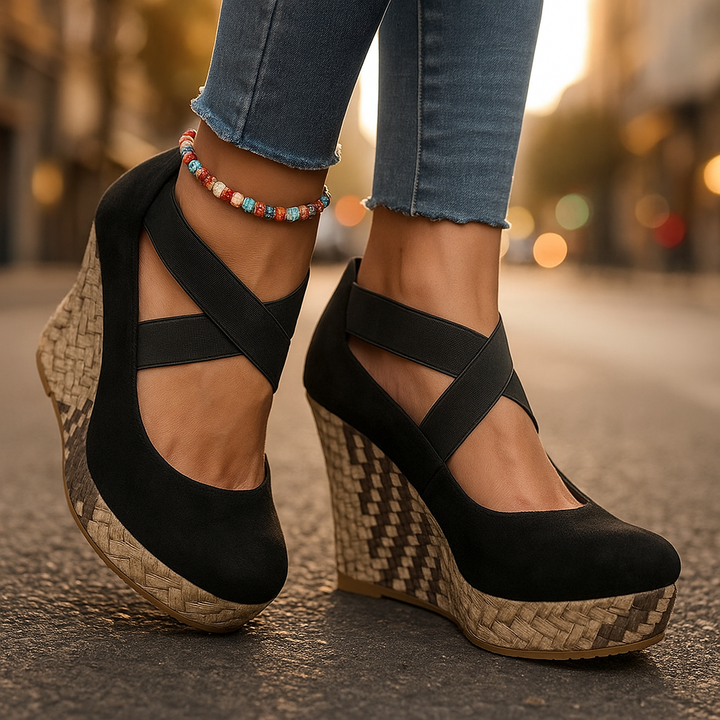 Women's comfortable cross strap wedge sandals; light brown, supportive orthopedic design for summer fashion shoes.