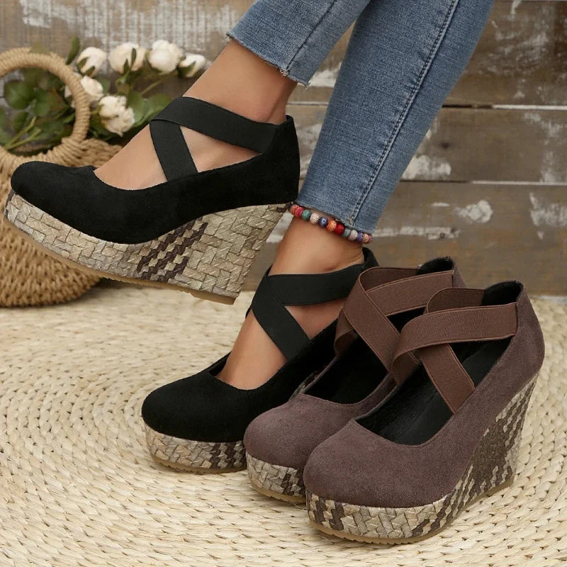 Women's fashion cross strap wedge sandals; comfortable, supportive design in a lovely blue for summer.