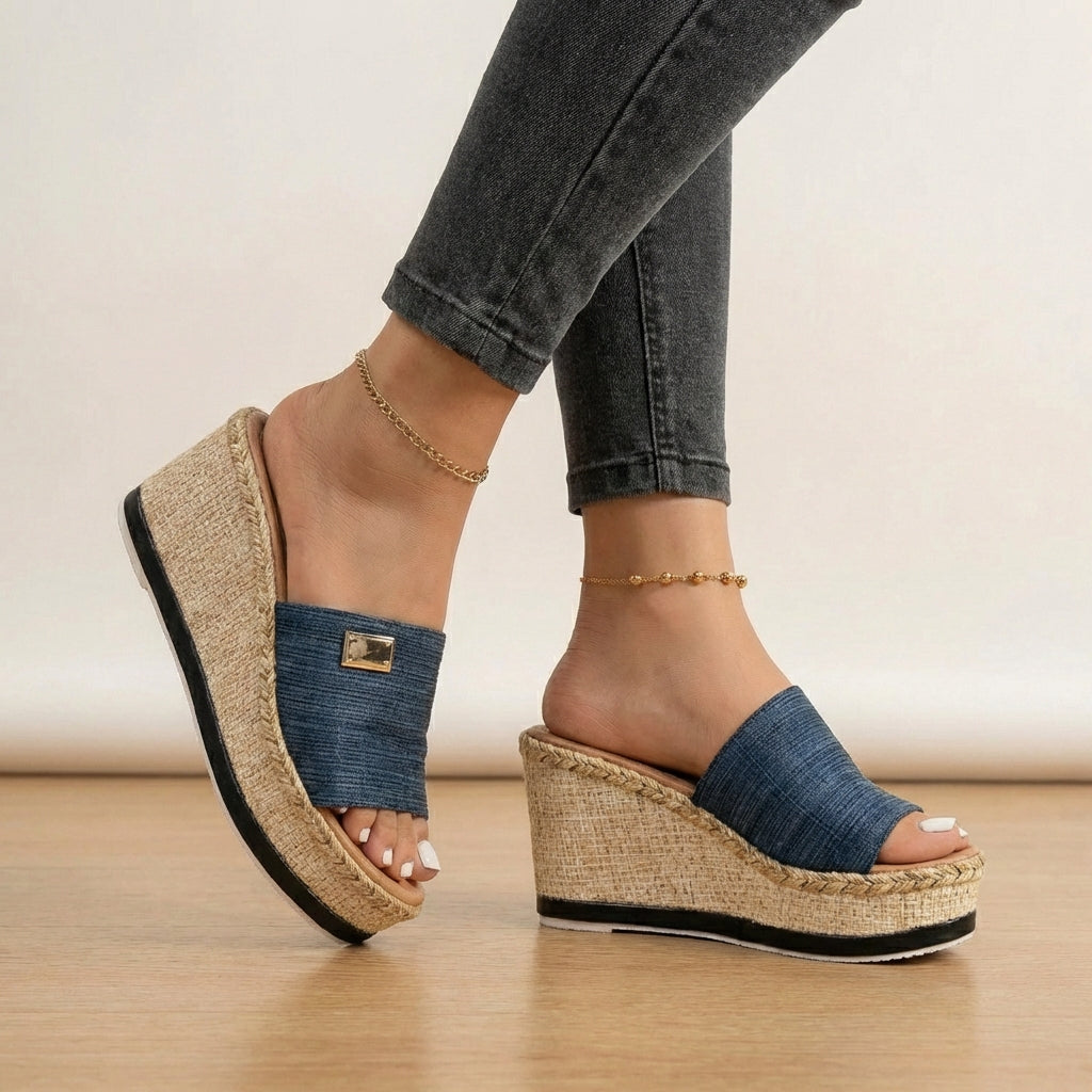Chic women's textured espadrille wedge sandals, open-toe design for casual summer comfort.