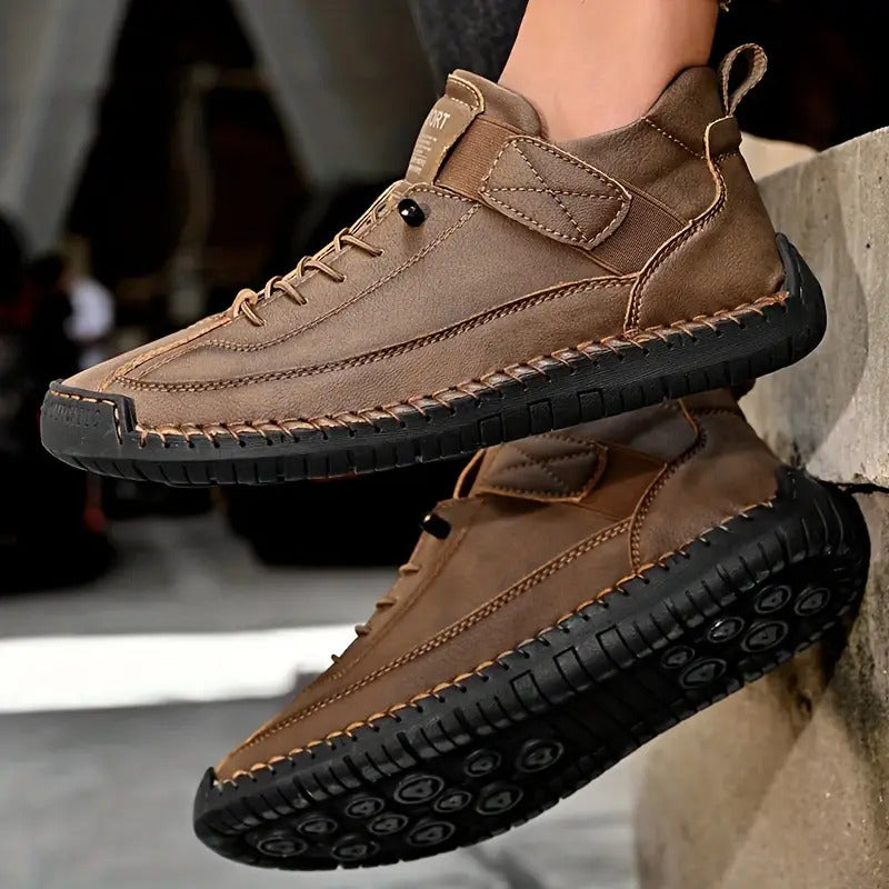 Woman wearing stylish flat lace-up sneakers with stitch detail, ideal for comfortable all-day casual footwear.