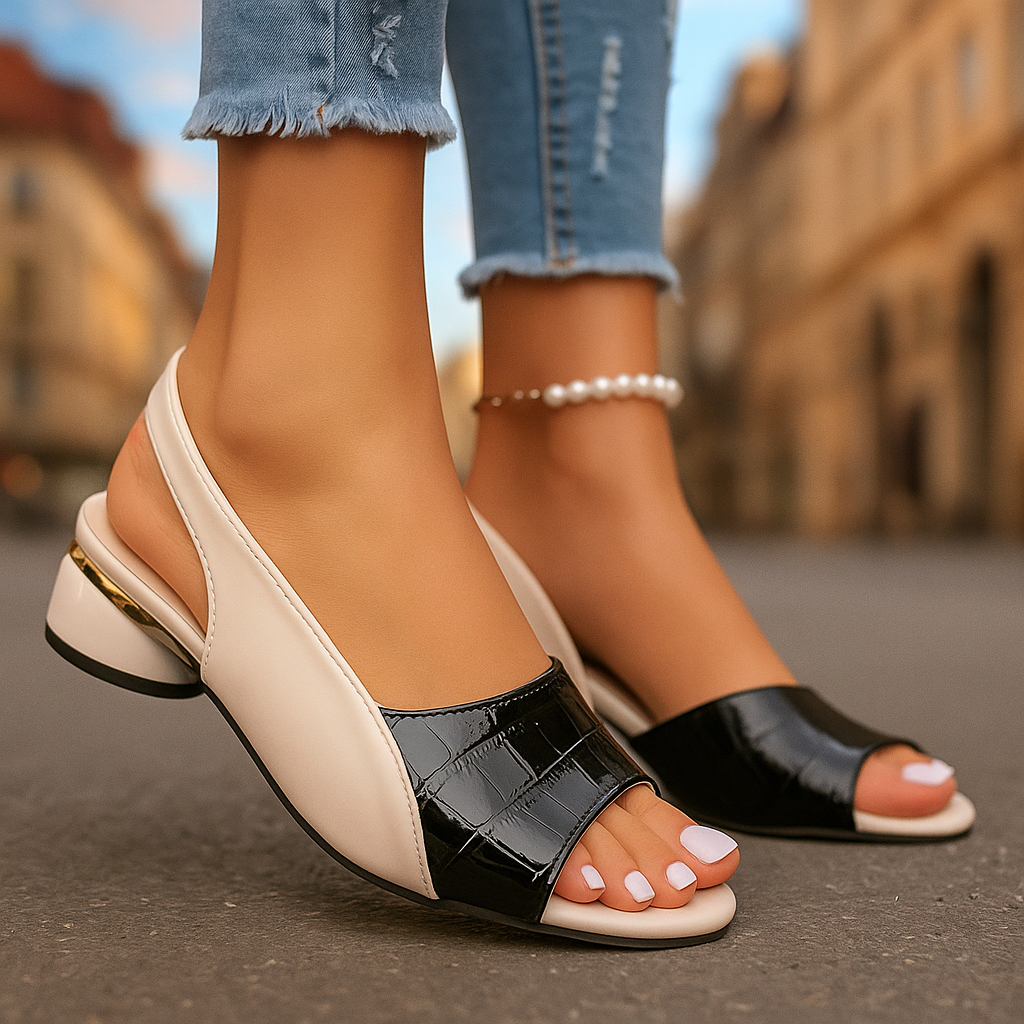 Close-up of the slingback strap on women's fashionable low block heel sandals