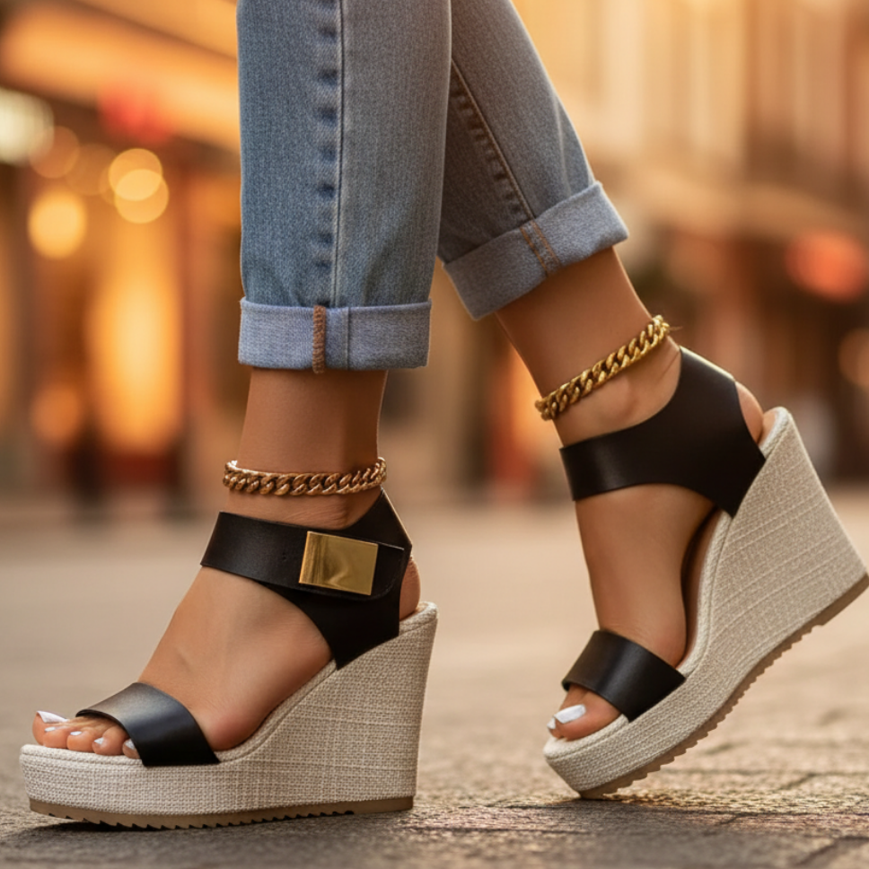 Brown orthopedic platform wedge sandals for women, designed for comfortable support & elegant summer style.