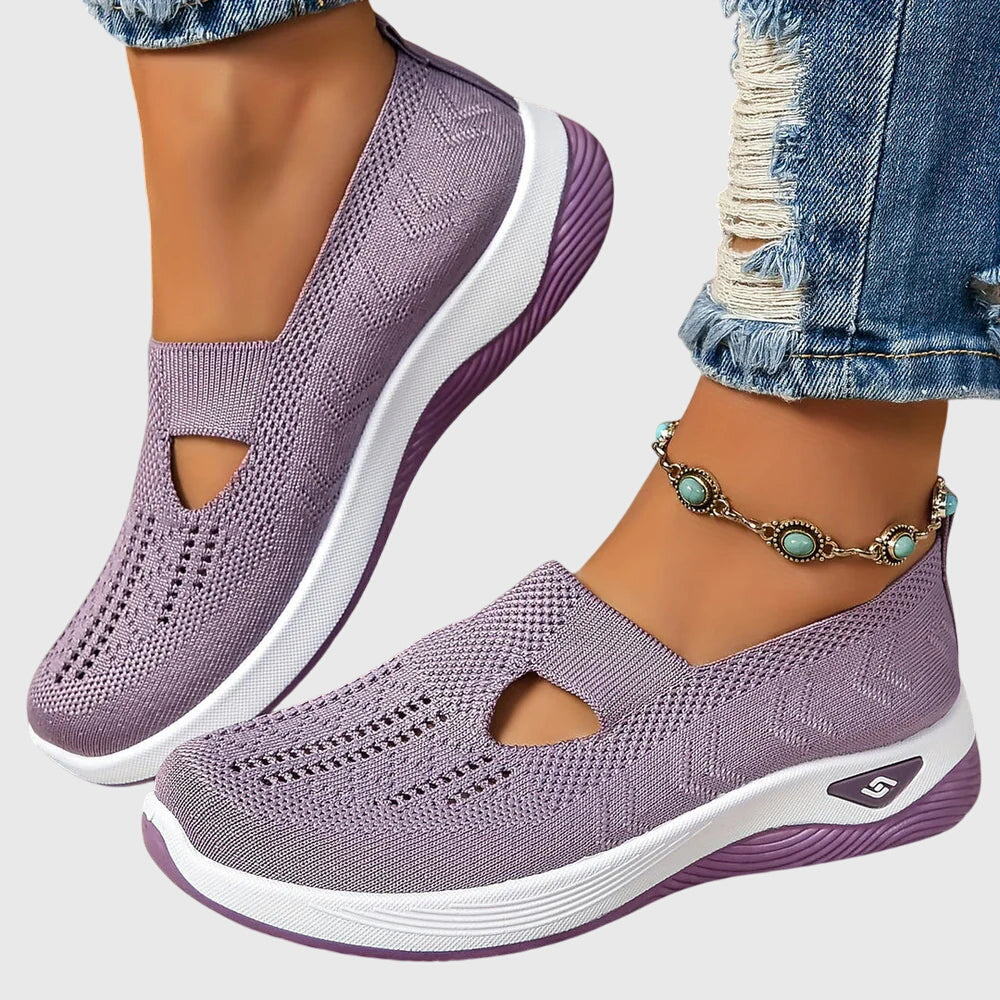 Close-up of women's breathable orthopedic slip-on shoes, highlighting comfort & texture for pain relief.
