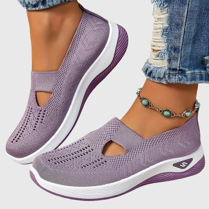 Close-up of women's breathable orthopedic slip-on shoes, highlighting comfort & texture for pain relief.