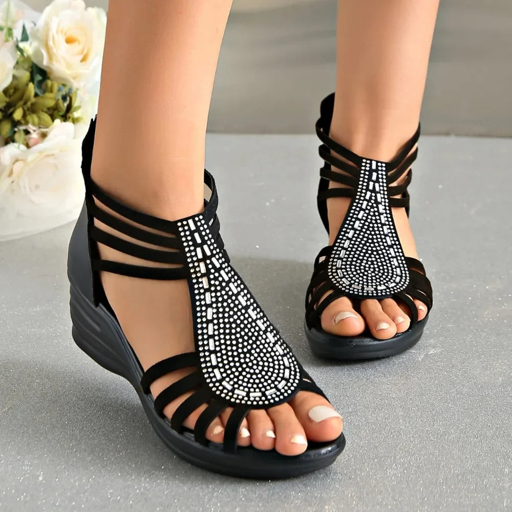 Women's summer wedge sandals with jeweled straps, offering orthopedic comfort and sophisticated style
