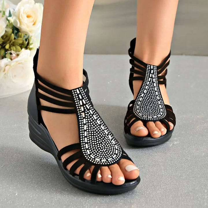 Women's summer wedge sandals with jeweled straps, offering orthopedic comfort and sophisticated style