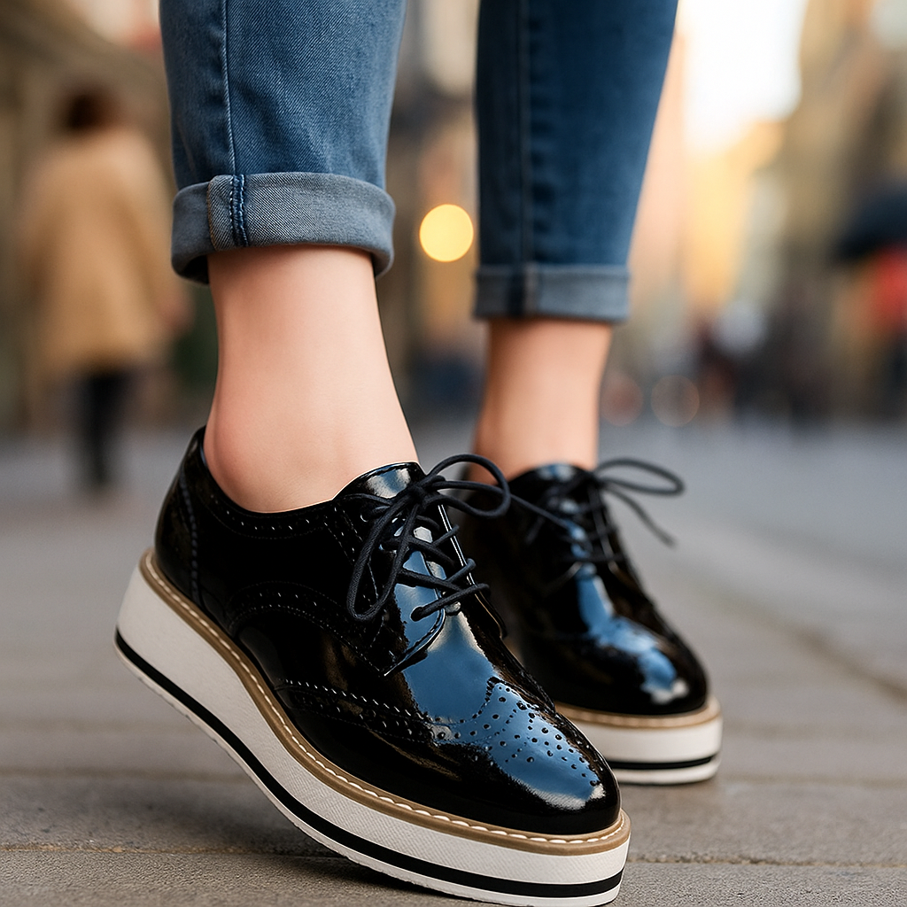 Women's comfortable perforated platform oxfords in a studio setting, emphasizing texture and design.