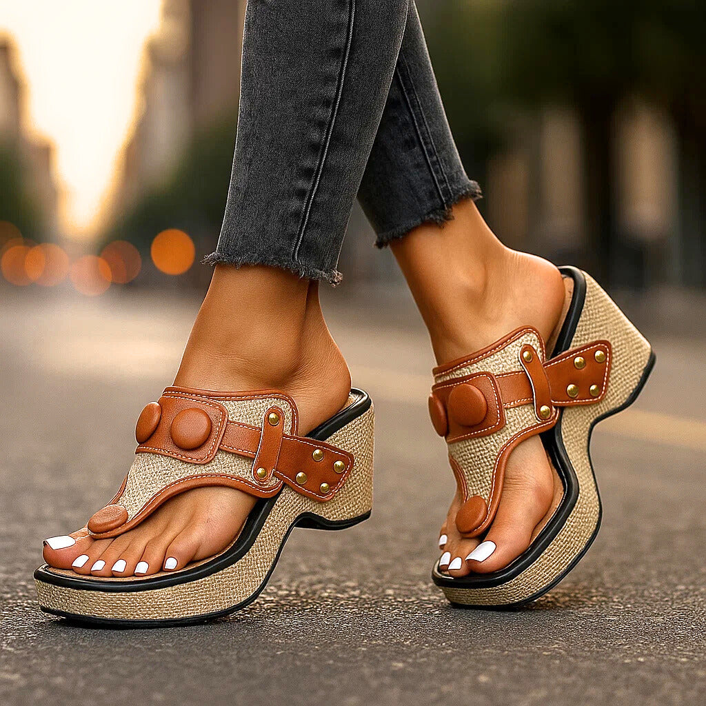 Supportive women's thong wedge sandals. Platform design with arch support & cushioned footbed. Casual.