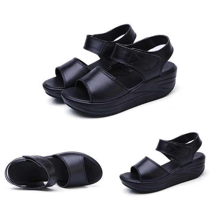 Casual women's summer sandals with a platform wedge heel, made from durable split leather