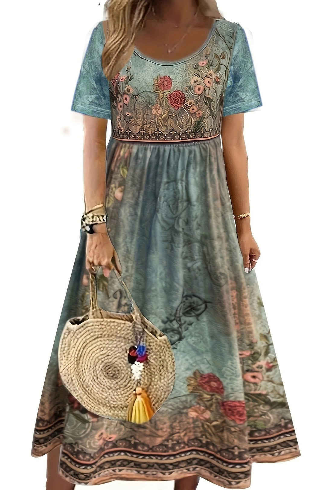 Women's comfortable printed midi dress. Relaxed fit, knee-length, ideal for everyday wear or casual summer outings.