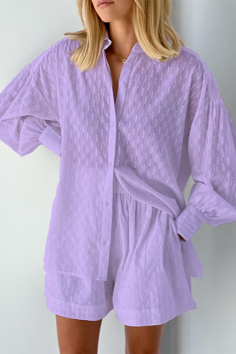 Stylish women's two-piece shirt & shorts outfit, ideal for casual summer travel & vacations.