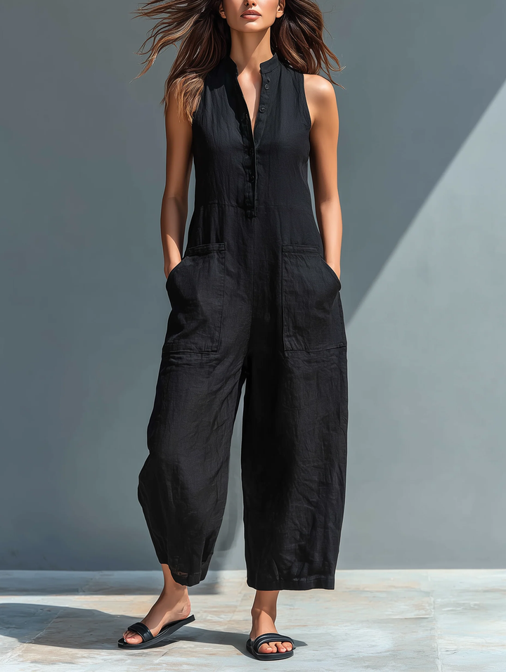 Women's comfortable sleeveless loose-fit jumpsuit, perfect for spring/summer casual wear & travel. Chic one-piece.