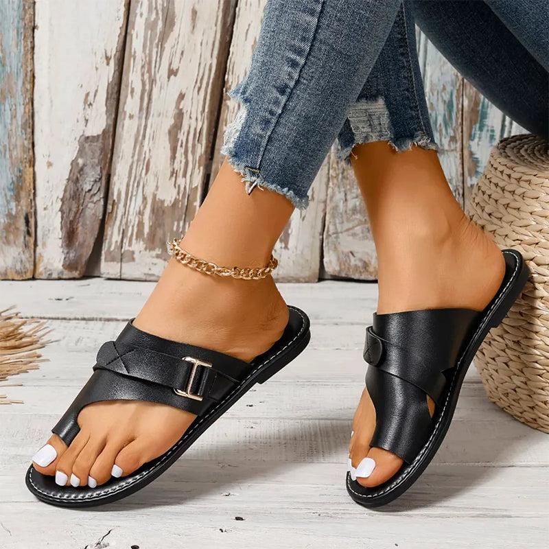 Chic women's open-toe buckle sandals. Comfortable flat slip-on summer shoes for walking & relaxed style.