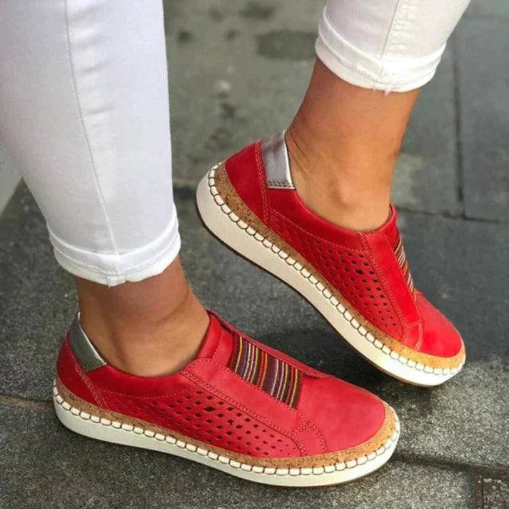 Easy wear women's slip-on walking shoes with breathable perforations for ultimate comfort and casual style.