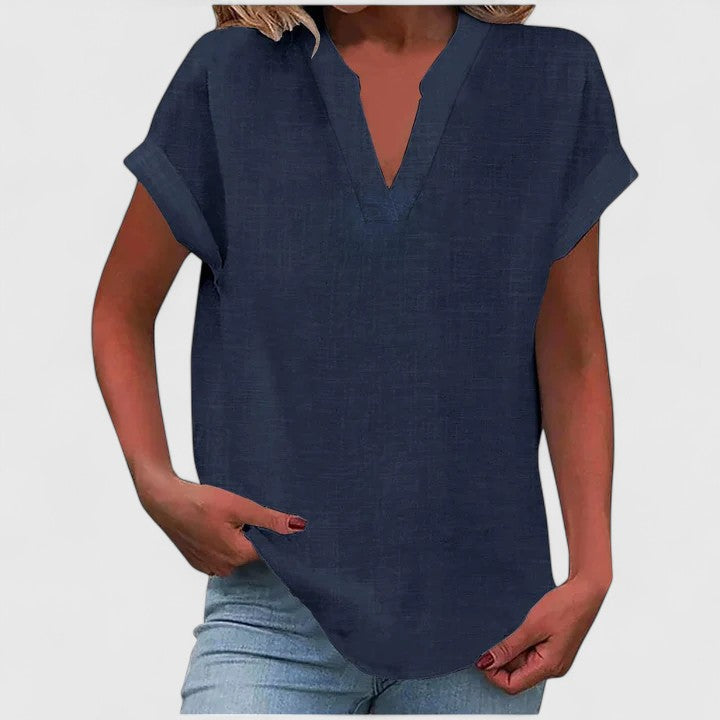 Silky feel V-neck blouse, women's comfortable short sleeve top, elegant and versatile for everyday fashion.