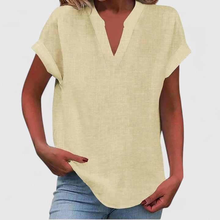 Casual V-neck short sleeve blouse for women, comfortable and versatile everyday top with an elegant chic style.