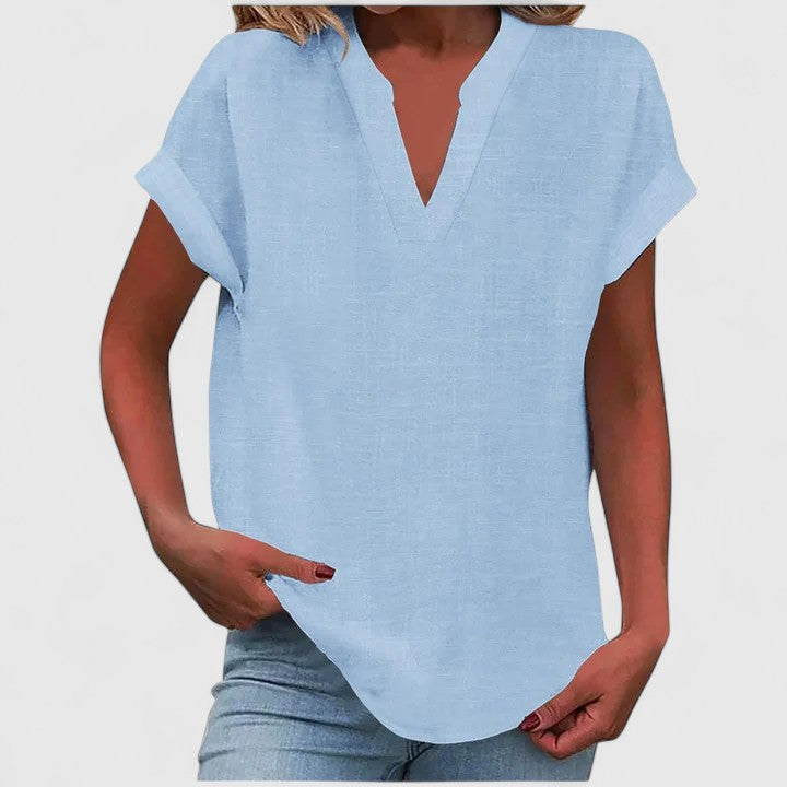 Versatile women's V-neck blouse, comfortable short sleeve top suitable for everyday casual and chic fashion.