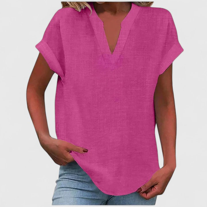Light blue casual V-neck blouse, women's comfortable short sleeve top for versatile everyday chic fashion.