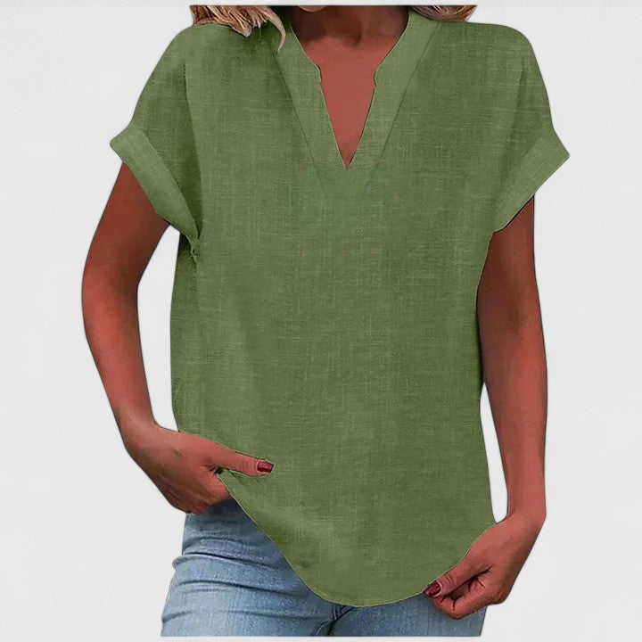 Relaxed fit V-neck short sleeve blouse for women, a comfortable and stylish top for effortless everyday wear.