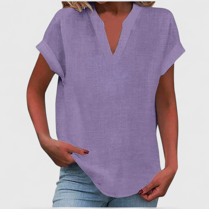 Flattering V-neck women's blouse, comfortable short sleeve top in black, perfect for chic everyday fashion.