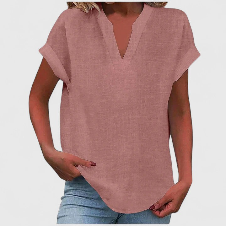 Classic V-neck short sleeve blouse in a vibrant pink, women's comfortable top for versatile casual elegance.