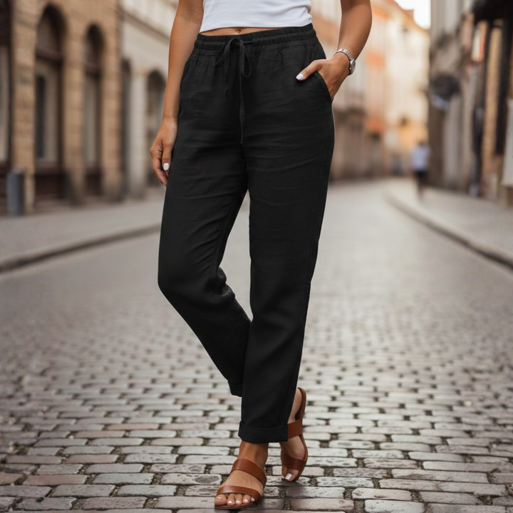 Comfy women's cuffed tapered pants with drawstring waist, great for spring & summer everyday style.