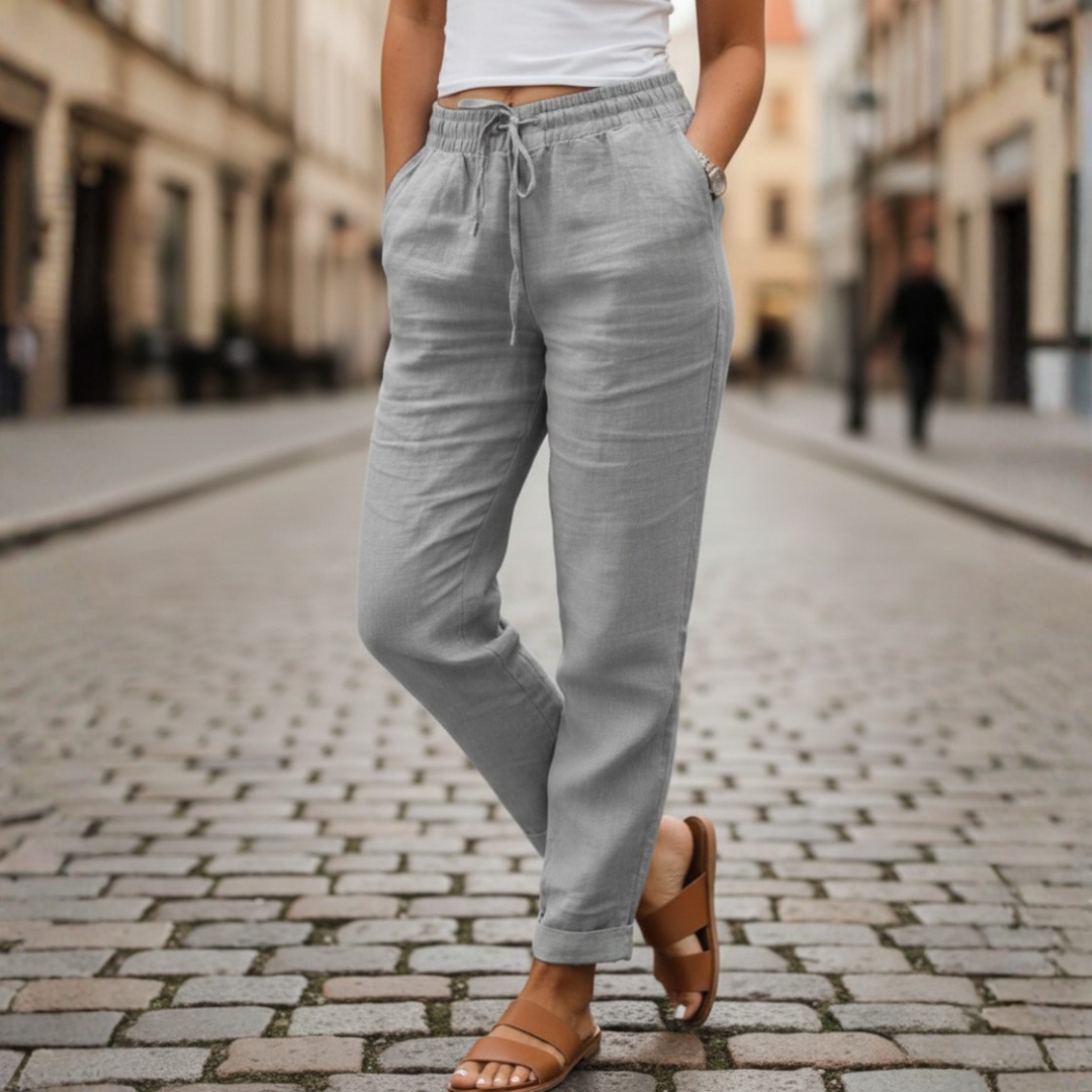 Lightweight women's summer drawstring tapered trousers, perfect for comfortable warm-weather casual wear.