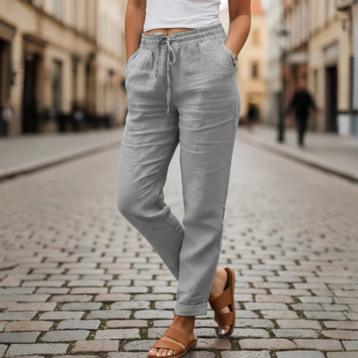 Lightweight women's summer drawstring tapered trousers, perfect for comfortable warm-weather casual wear.
