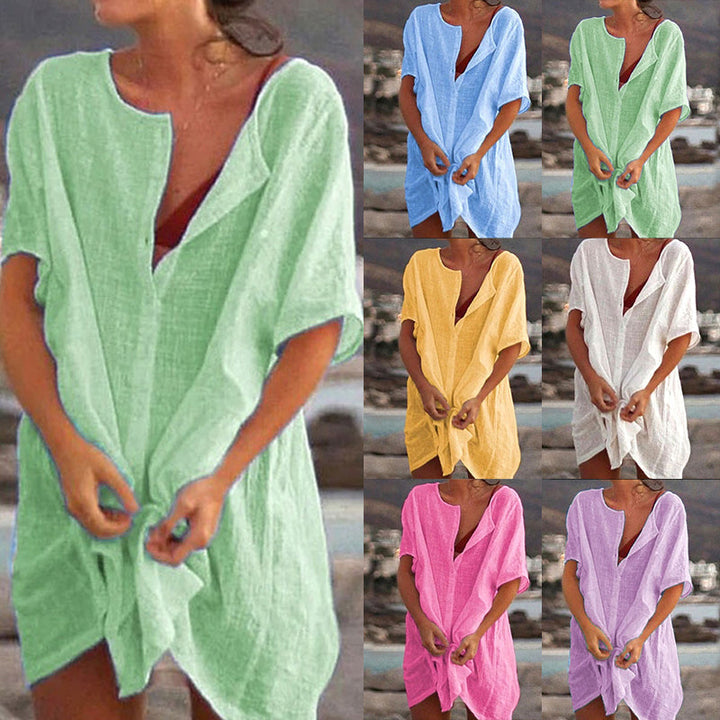 Women's cotton linen blend loose long shirt in white, perfect for summer casual wear