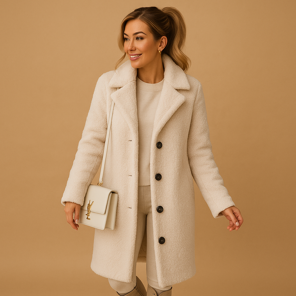 Women's cozy beige longline teddy coat, perfect for elegant winter style. Plush, warm outerwear.