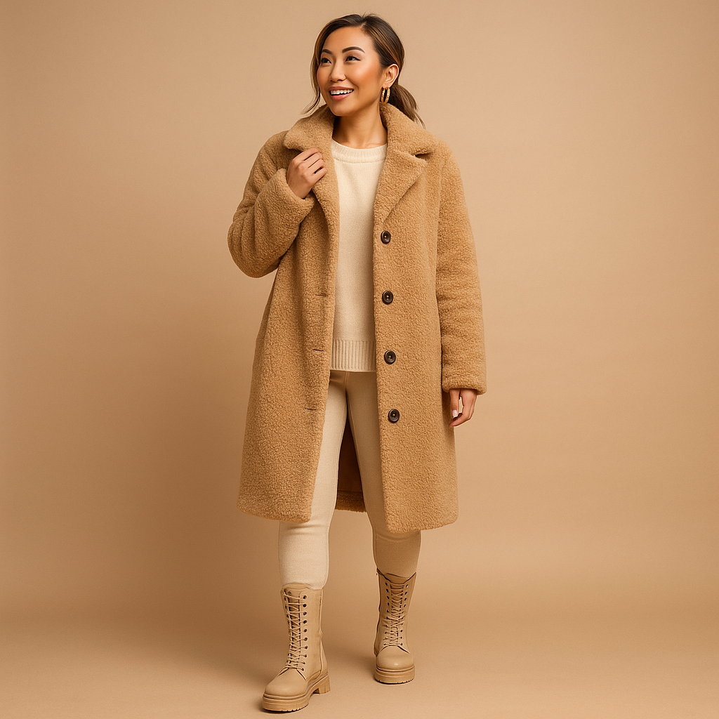 Stylish women's long beige apricot teddy coat. Cozy plush winter outerwear for warmth & elegance.