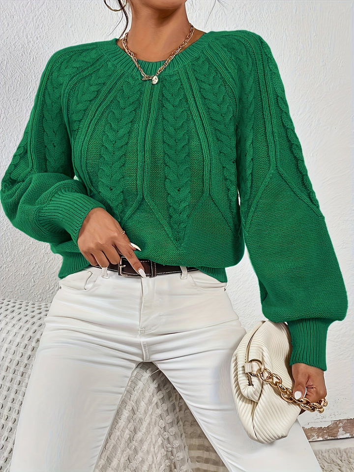 Women's lantern sleeve cable knit sweater, relaxed fit, cozy and on-trend.